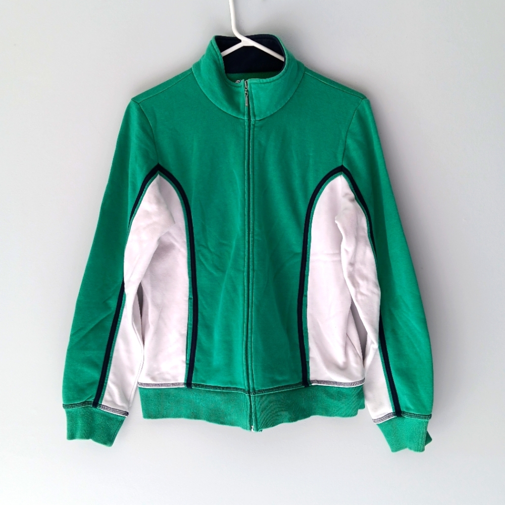 SJB Active Vintage Sweatsuit Jacket Mockneck Zip Front Green White Blue Medium